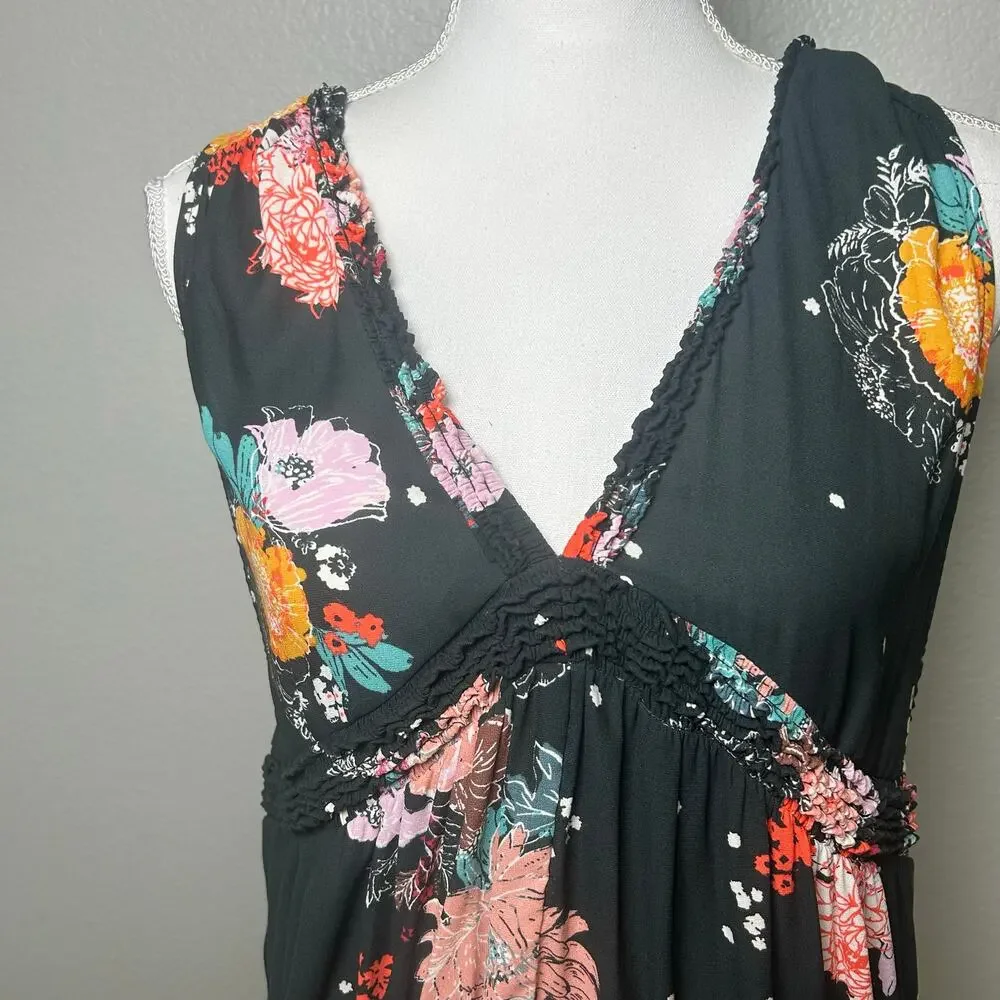 Free People Haze Floral tiered tunic Black and pink tank size S